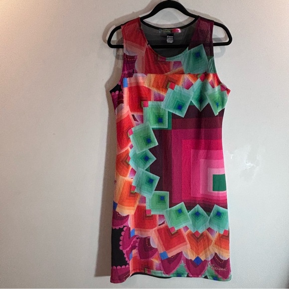 DESIGUAL Sz XL Midi Dress Colourful Geometric Shape Mesh Top Sleeveless Sheath - Picture 2 of 7